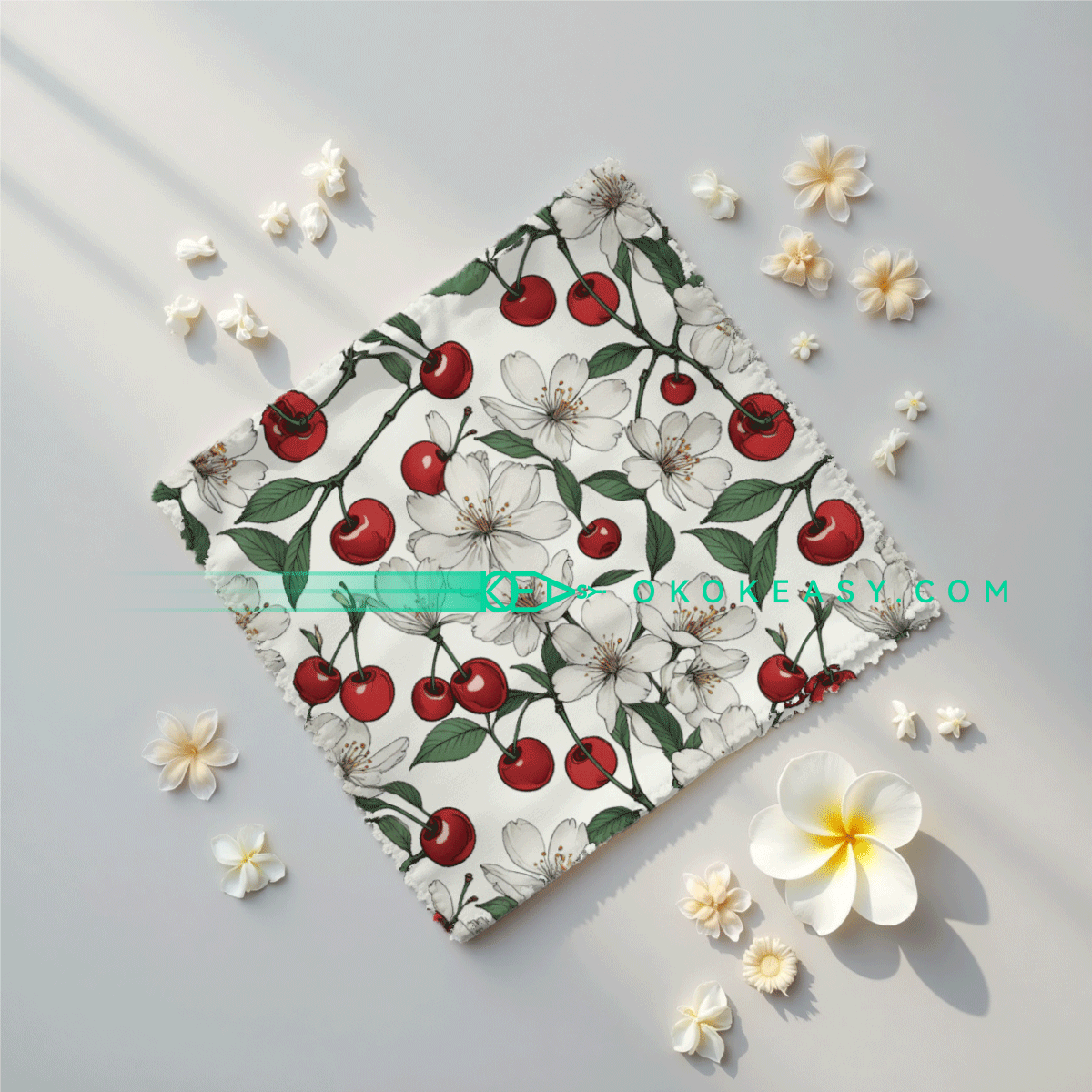 Plum blossoms Cherry Seamless pattern 3 High-Resolution Plum Blossoms and Cherry Seamless Pattern with Red Cherries and White Blossoms on Beige Background