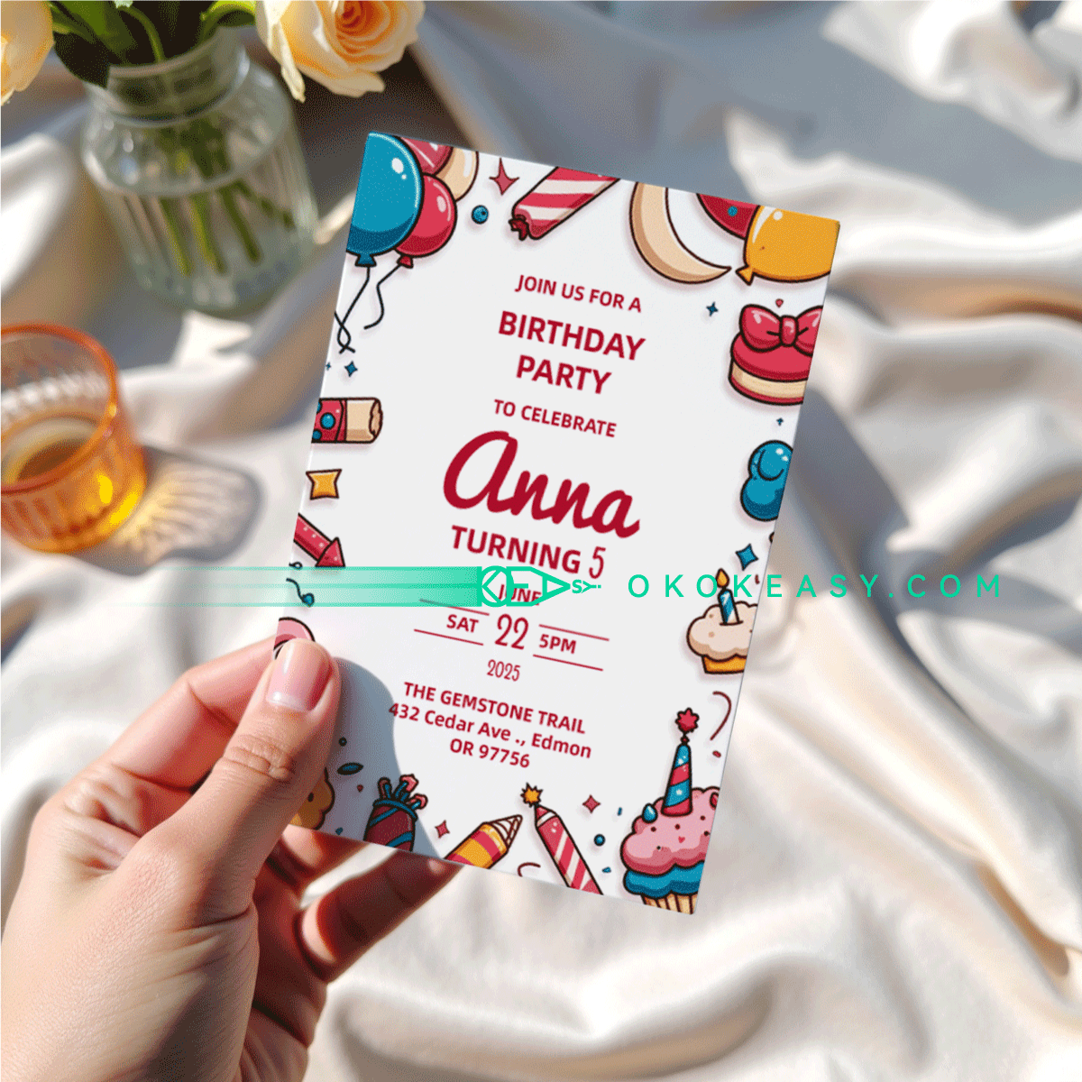 Celebrate Bday Party Invite 2 Editable children's birthday invitation with adorable cartoon snack theme, PDF format