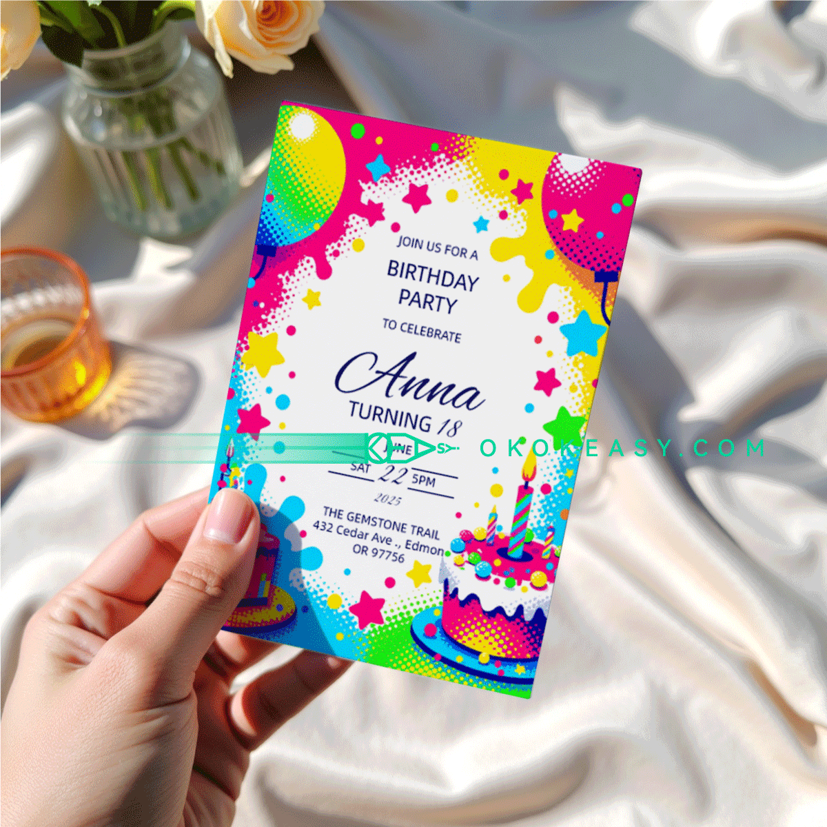 Shiny Bday Party Invite 2 Printable birthday party invitation in stylish polka dot style, shiny bright colors, PDF format