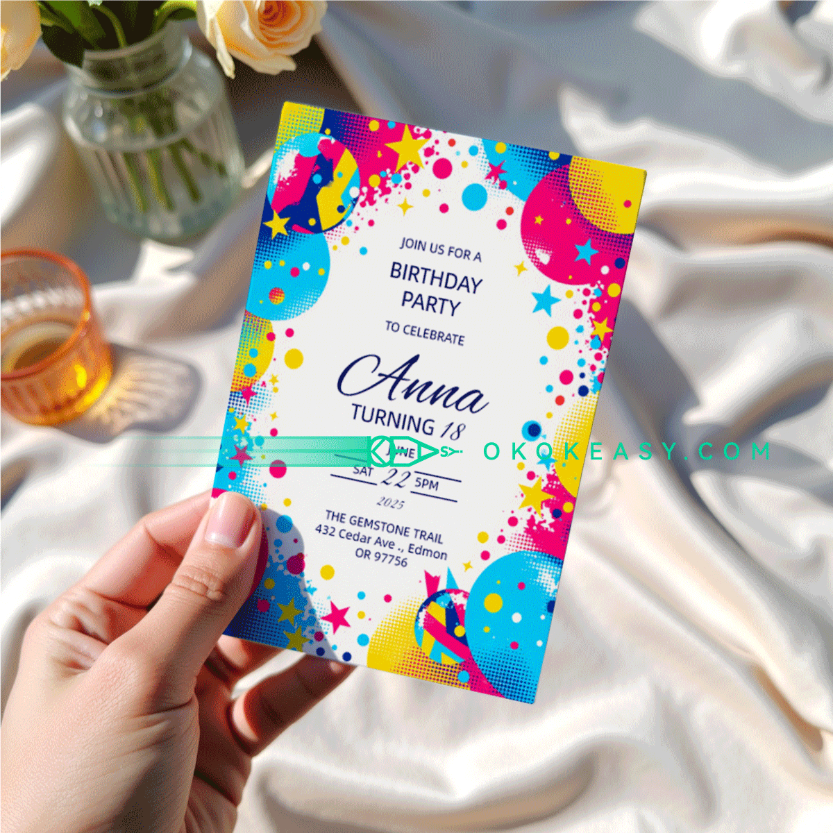 Shiny Bday Party Invite 2 Editable shiny polka dot art style birthday party invitation with fashionable bright colors, PDF format