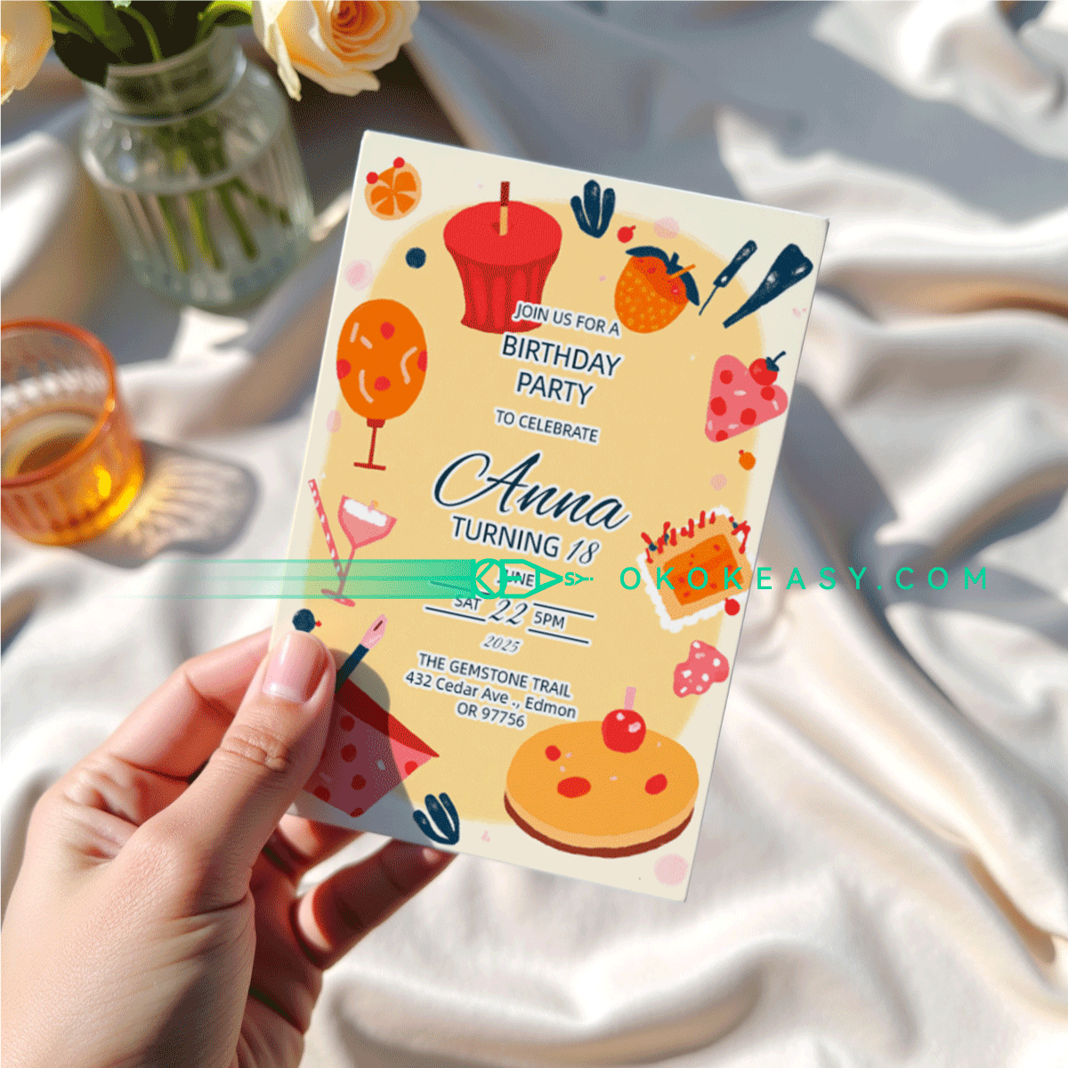 Snack time Bday Party Invite 2 Printable warm-toned stylish illustrated birthday party invitation