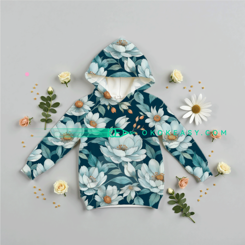 Seamless pattern of peonies and green leaves on a deep blue-green background, suitable for home fabrics