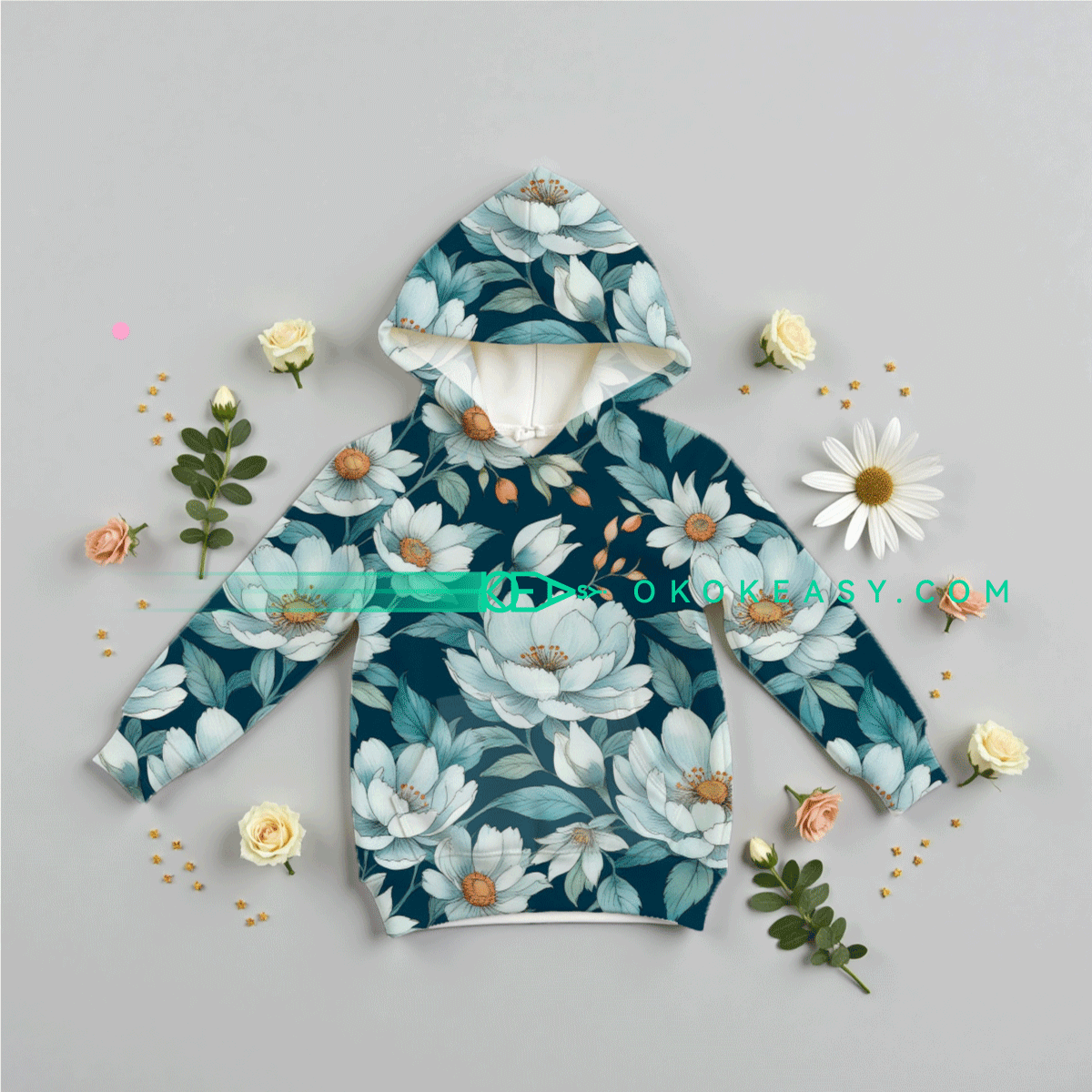 Peony Seamless pattern 2 Seamless pattern of peonies and green leaves on a deep blue-green background, suitable for home fabrics