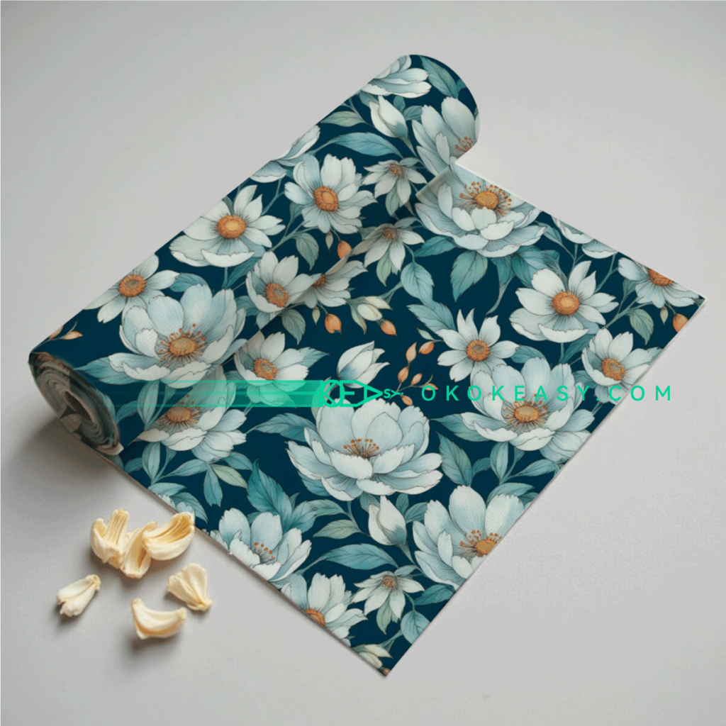 Seamless pattern of mature-style peonies and green leaves on a deep blue-green background, suitable for home prints
