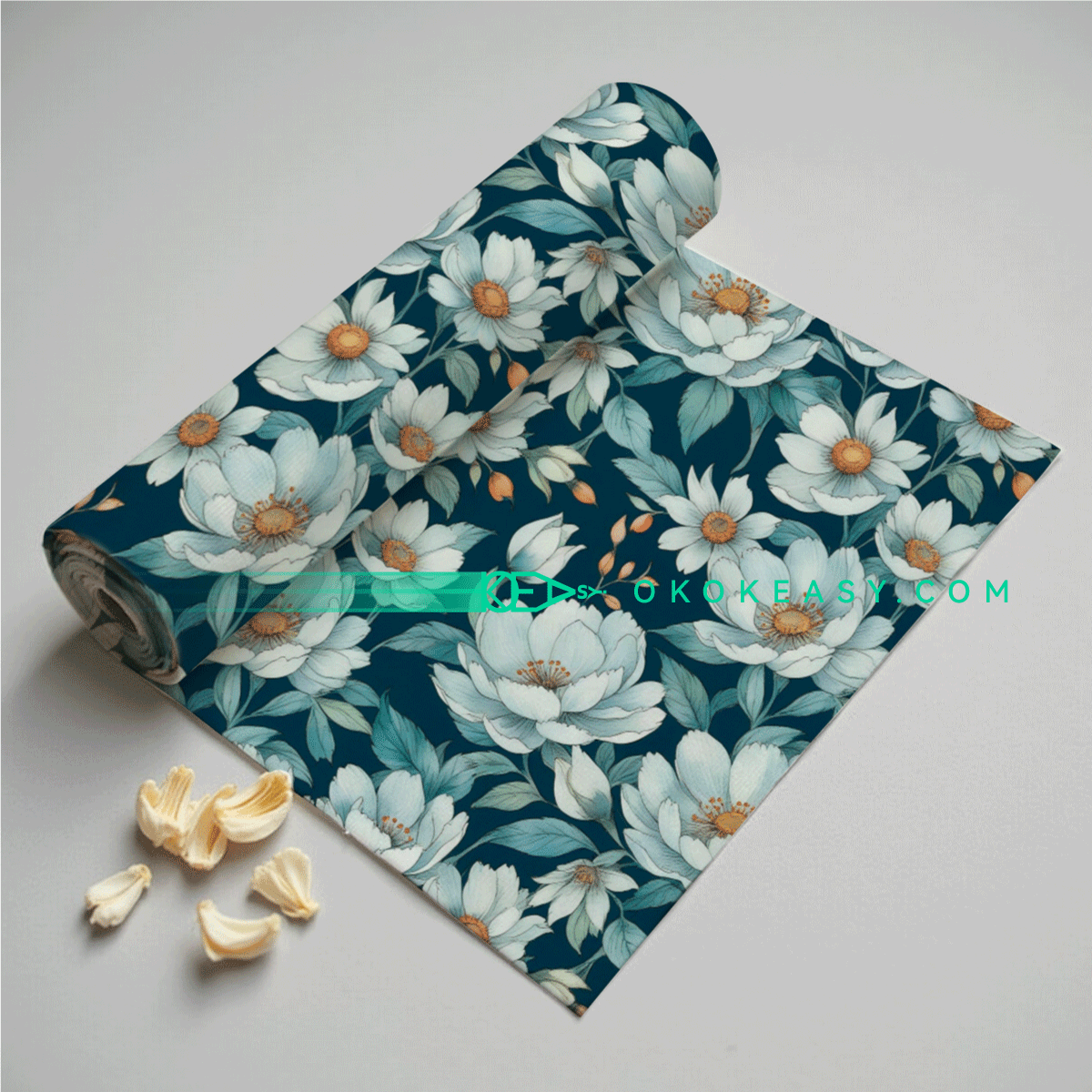 Peony Seamless pattern 4 Seamless pattern of mature-style peonies and green leaves on a deep blue-green background, suitable for home prints