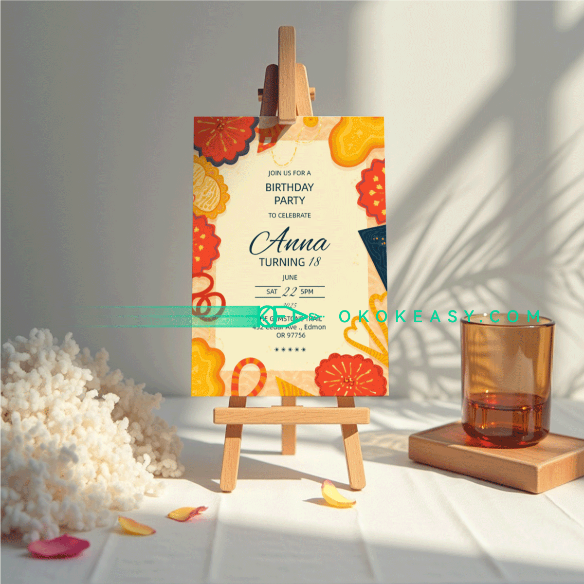 Snack time Bday Party Invite 5 Printable warm-toned stylish illustrated birthday party invitation, PDF format