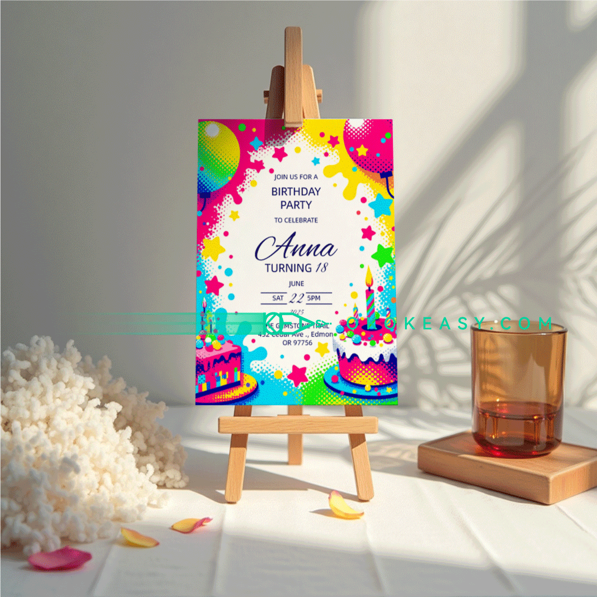 Shiny Bday Party Invite 5 Editable birthday party invitation in stylish polka dot art style, shiny bright colors, PDF format