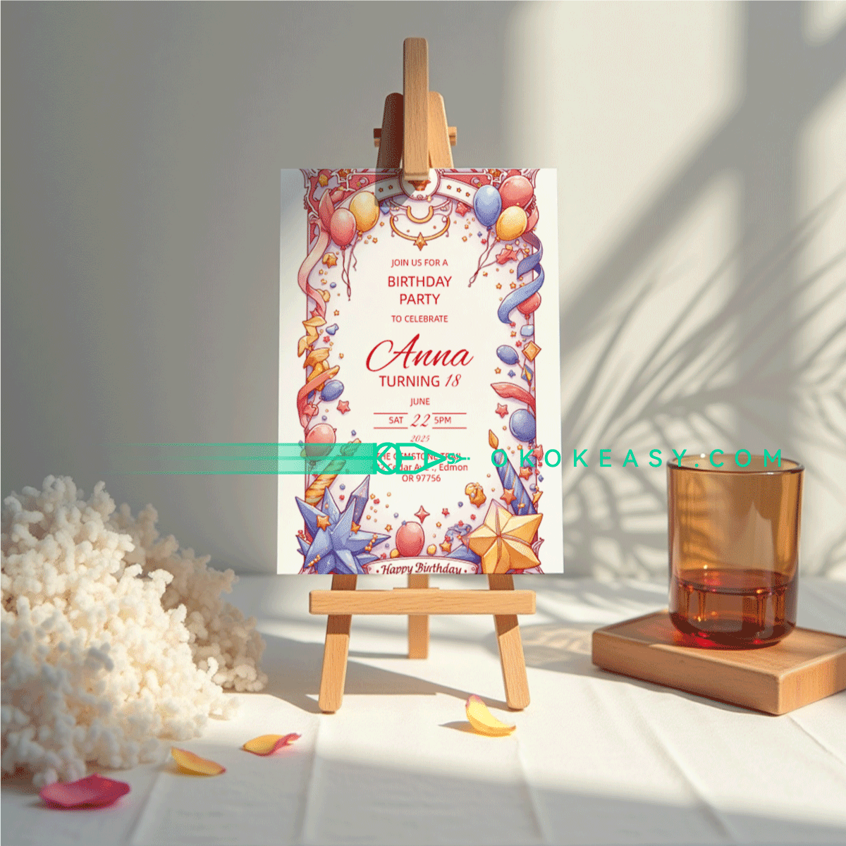 Lucky Day Bday Party Invite 5 Editable tarot card style birthday party invitation with classic color scheme, PDF format