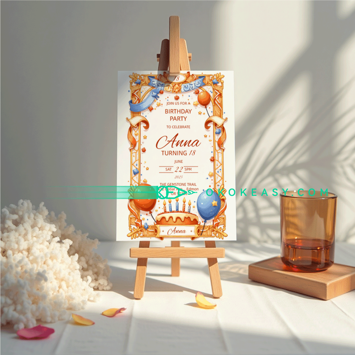 Lucky Day Bday Party Invite 5 Editable tarot card style birthday party invitation with classic color scheme, PDF format