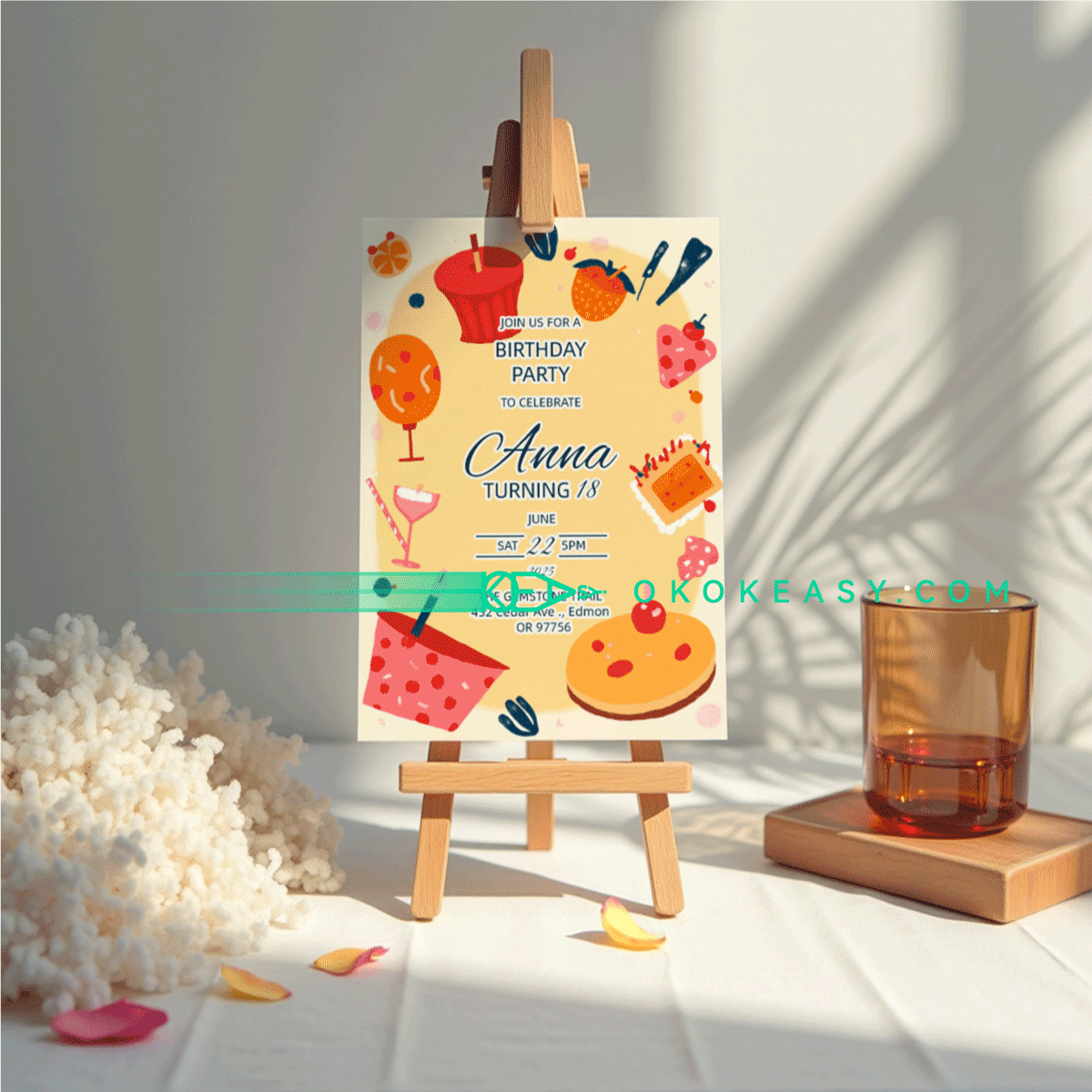 Snack time Bday Party Invite 5 Stylish illustrated editable warm-toned birthday invitation card