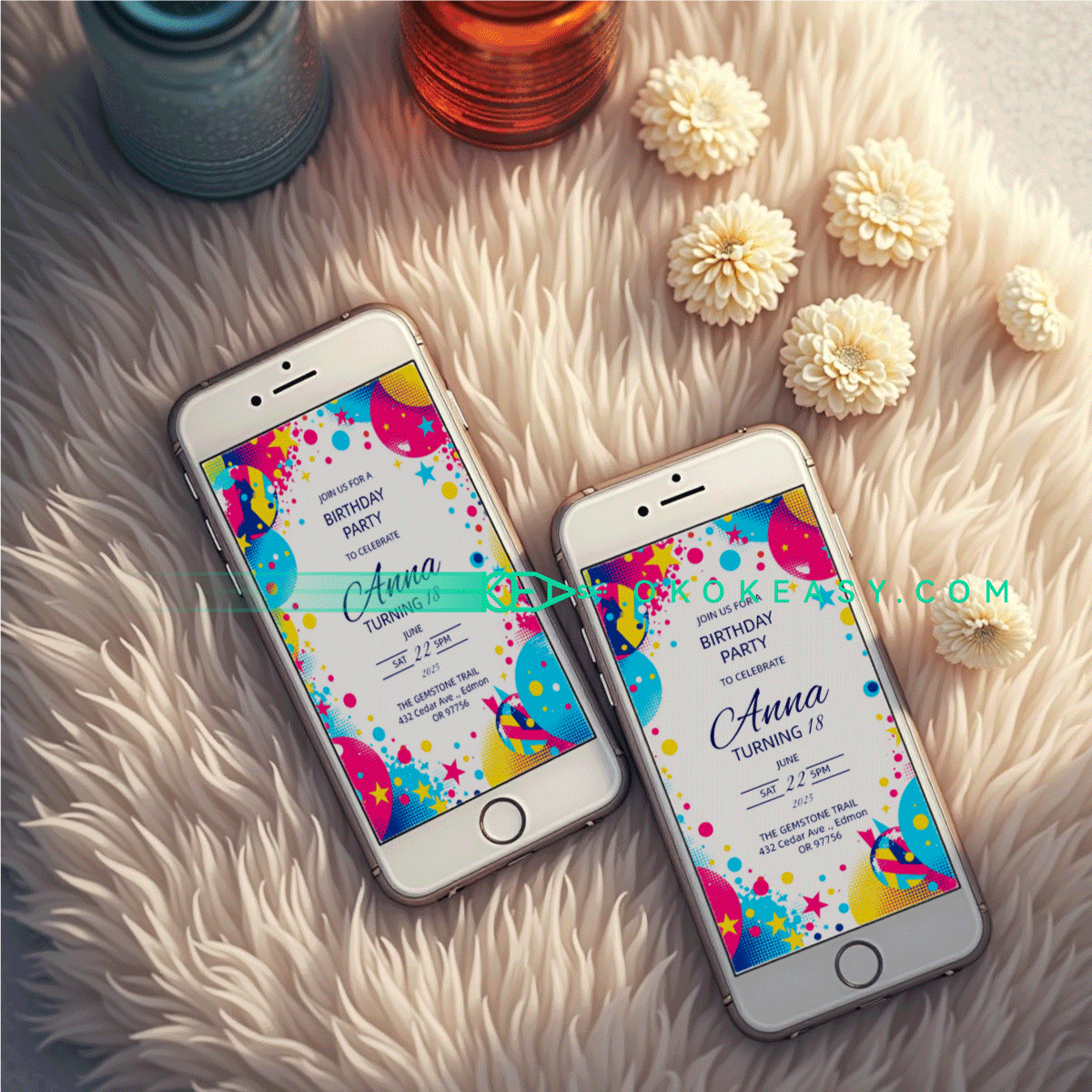 Shiny Bday Party Invite 6 Stylish polka dot style printable birthday party invitation with shiny bright colors, PDF format