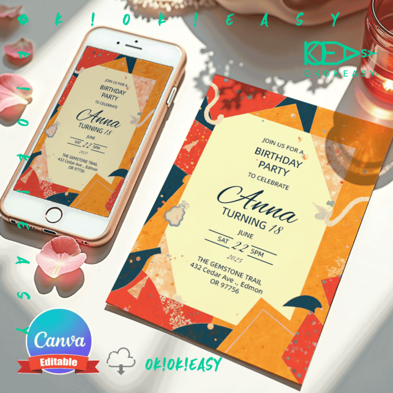 Editable PDF format warm-toned illustrated birthday party invitation