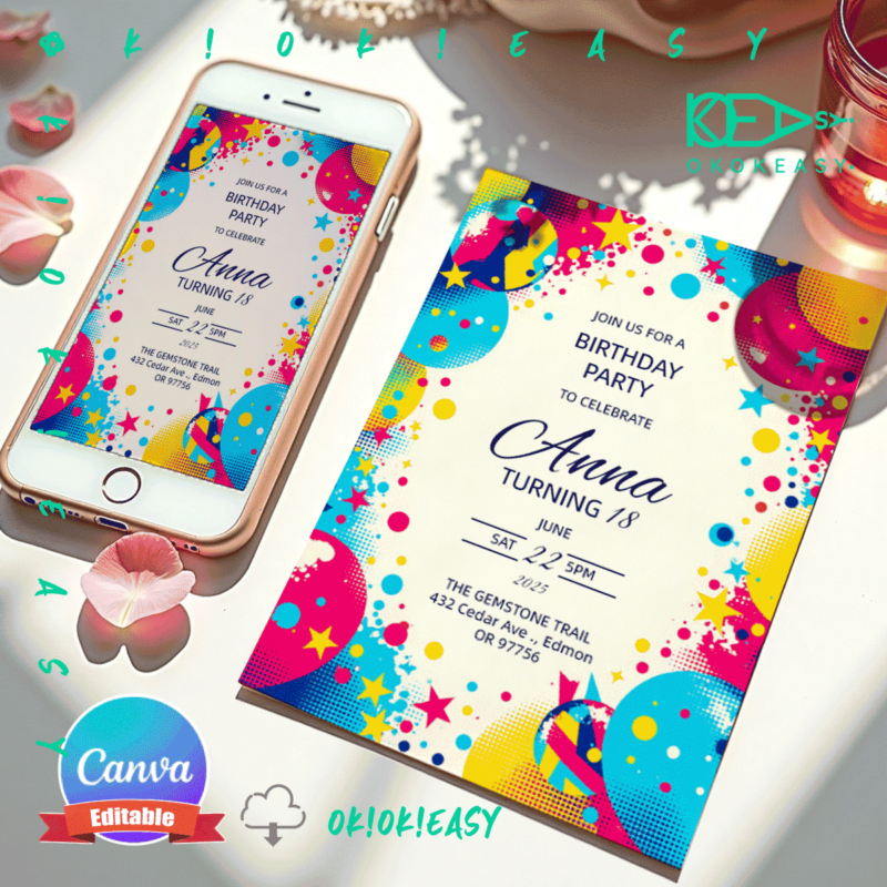 Stylish polka dot style printable birthday party invitation with shiny bright colors, PDF format