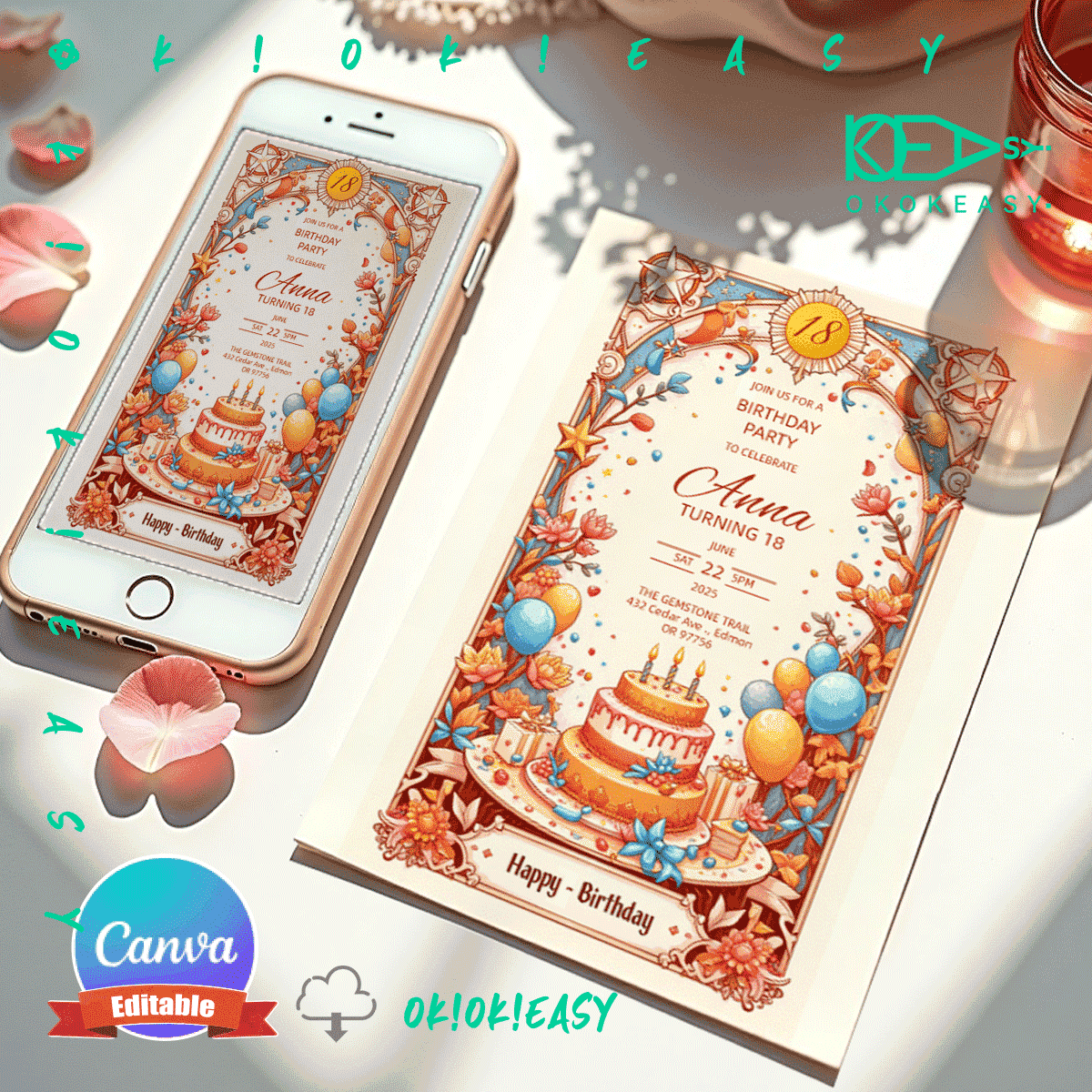 Lucky Day Bday Party Invite 1 Editable lucky day tarot card style birthday party invitation with classic color scheme, PDF format