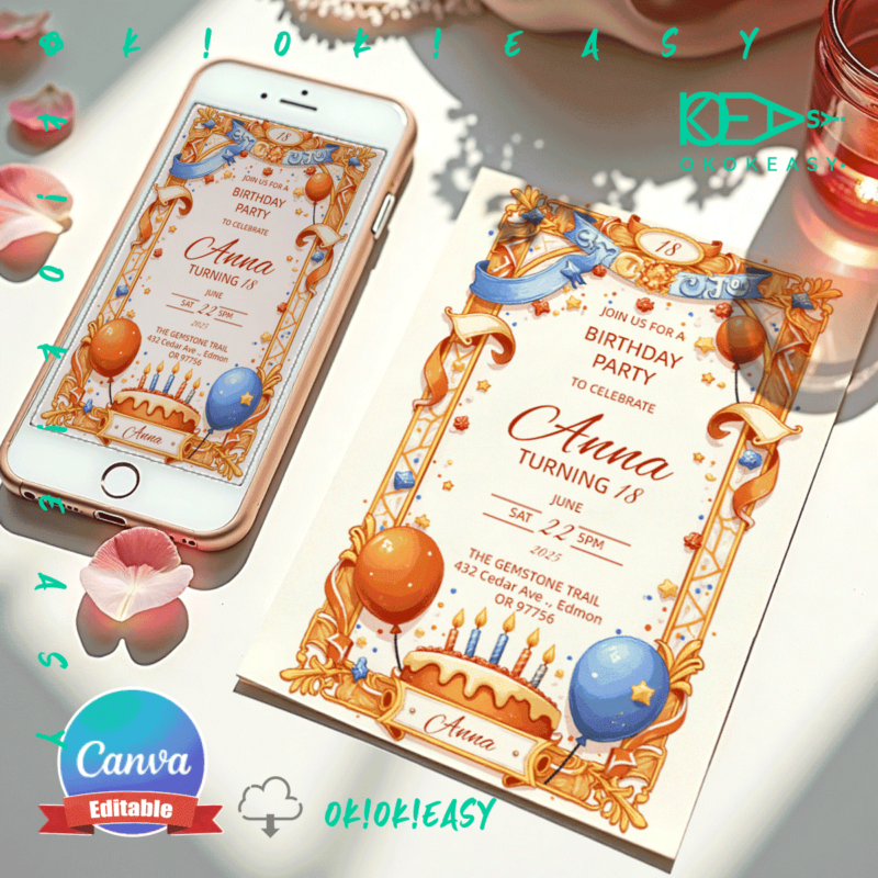 Editable tarot card style birthday party invitation with lucky day theme, PDF format