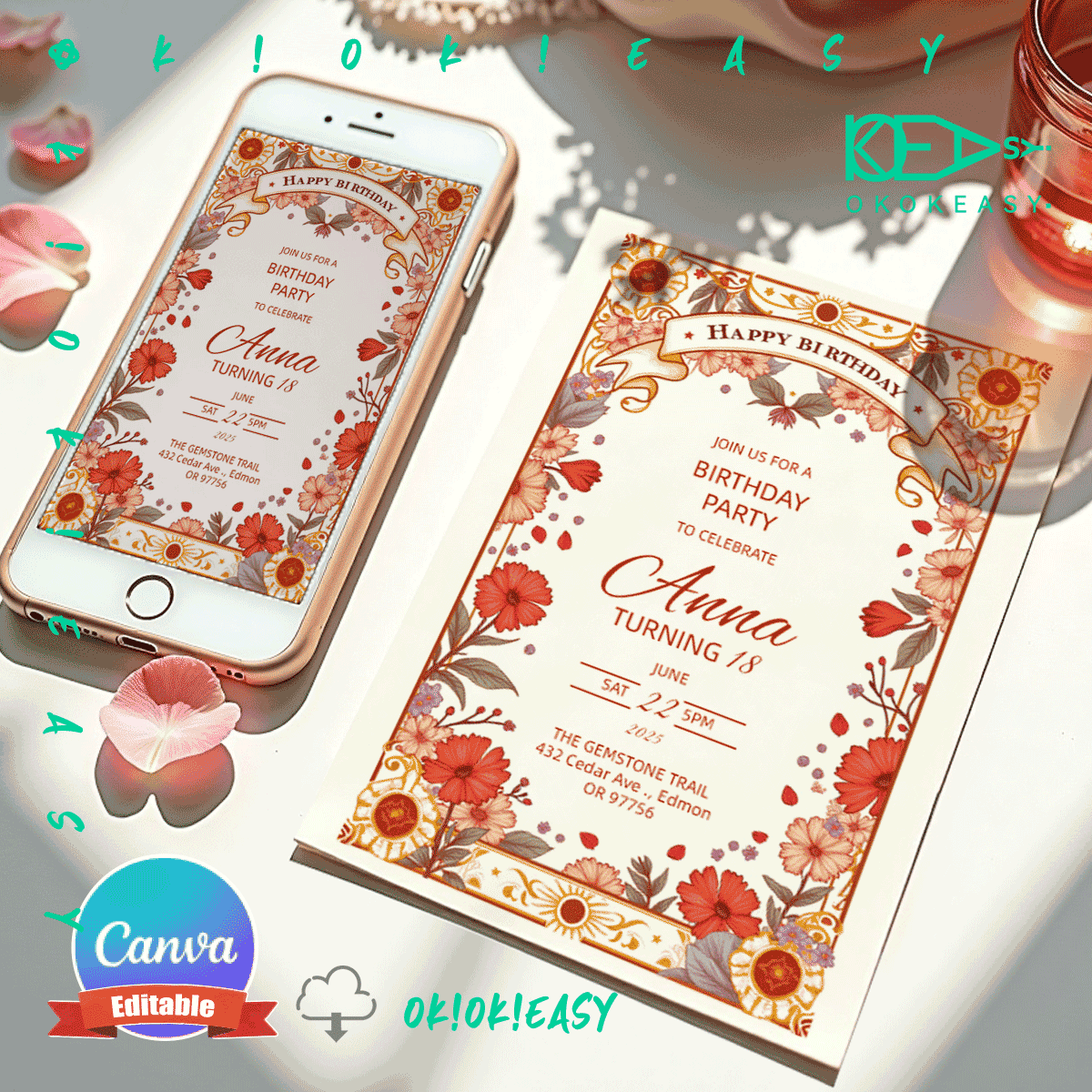 Lucky Day Bday Party Invite 1 Lucky day tarot card style editable birthday invitation with classic color scheme, PDF format