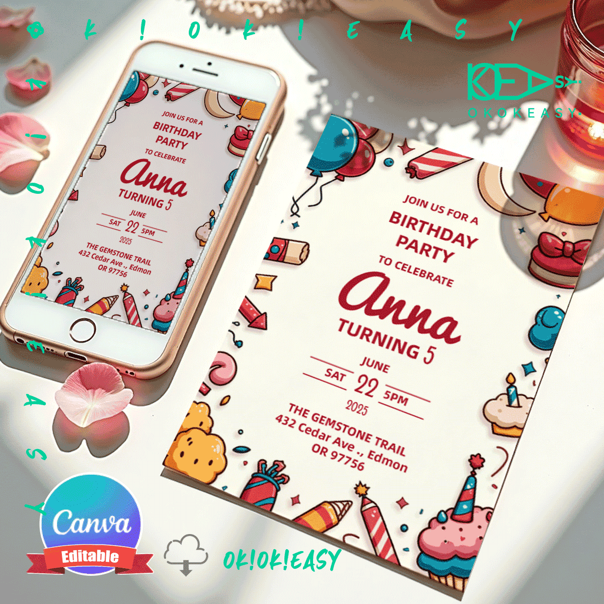 Celebrate Bday Party Invite 1 Editable cartoon style children's birthday party invitation with snack theme, PDF format