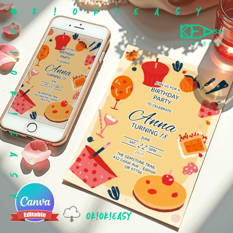 Editable birthday party invitation PDF in warm-toned illustration style