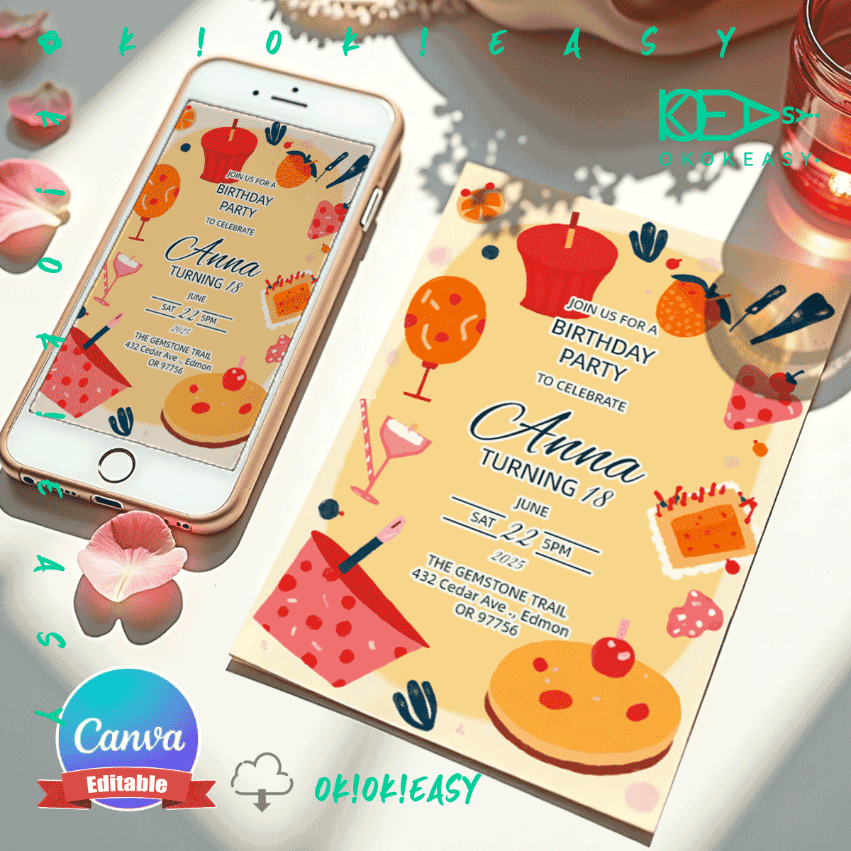 Snack time Bday Party Invite 1 Editable birthday party invitation PDF in warm-toned illustration style