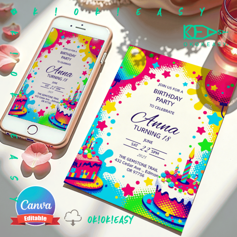 Editable birthday party invitation in polka dot art style, bright colors, PDF format