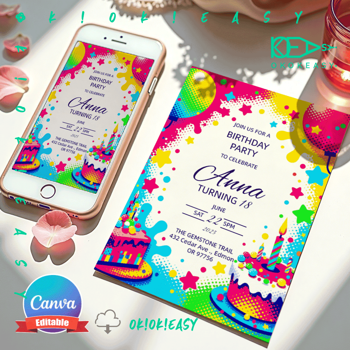 Shiny Bday Party Invite 1 Editable birthday party invitation in polka dot art style, bright colors, PDF format