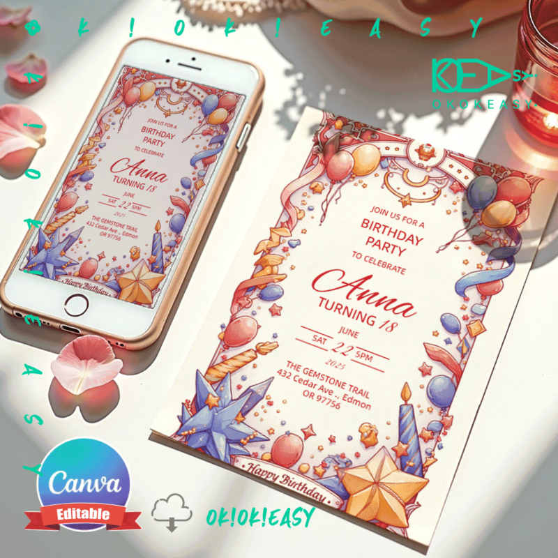 Editable tarot card style birthday party invitation with classic color scheme, PDF format