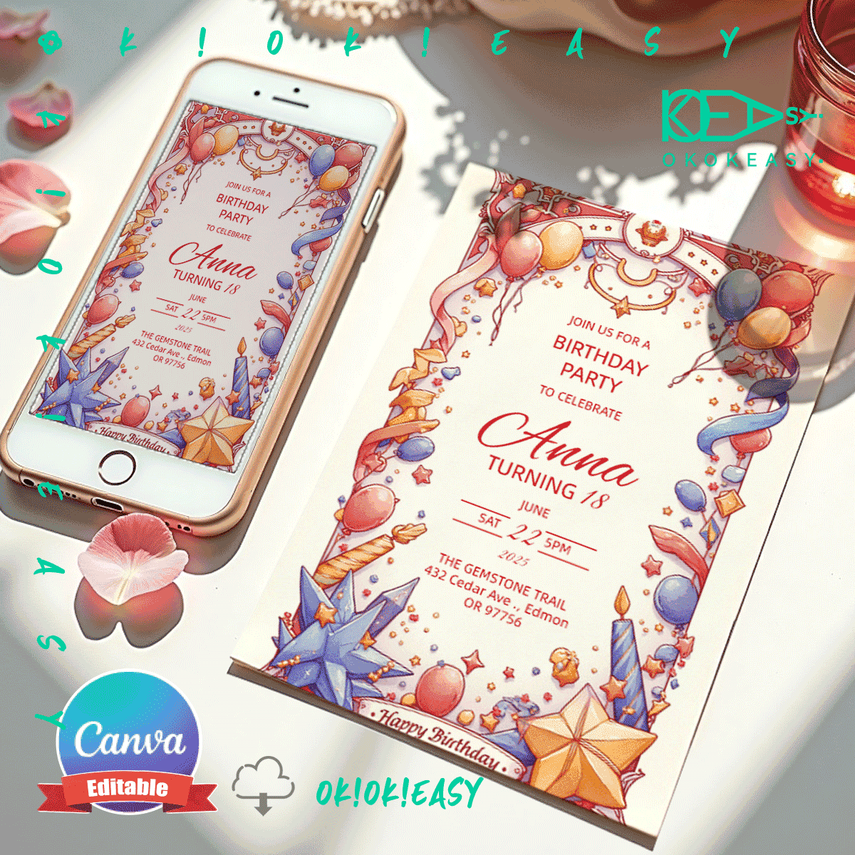 Lucky Day Bday Party Invite 1 Editable tarot card style birthday party invitation with classic color scheme, PDF format