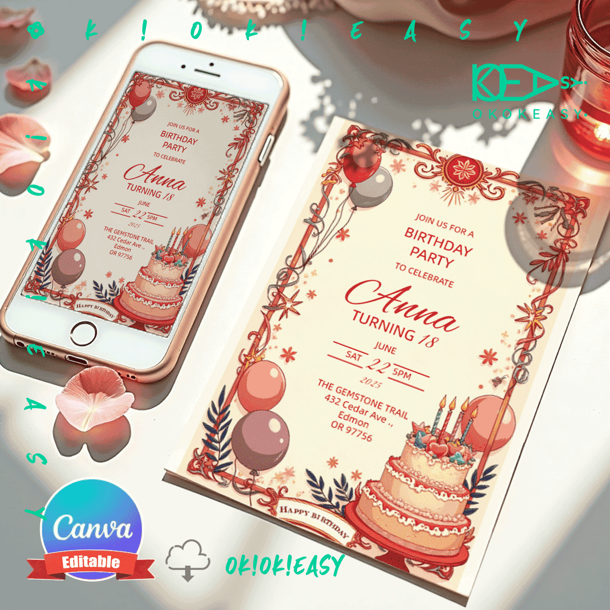 Lucky Day Bday Party Invite 1 Mysterious tarot card themed editable birthday invitation, PDF format