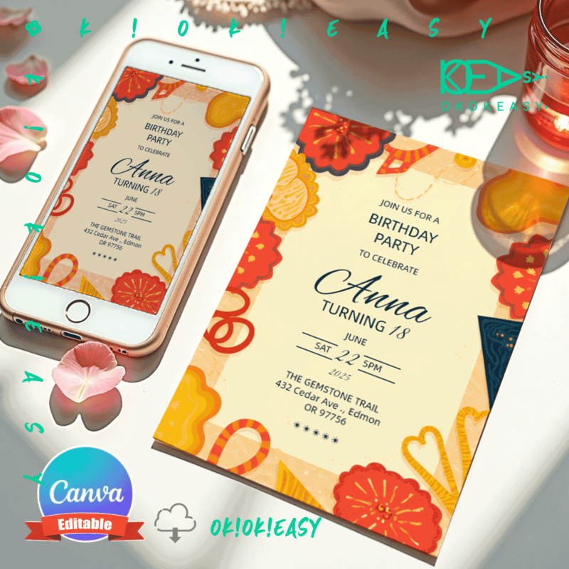 Printable warm-toned stylish illustrated birthday party invitation, PDF format