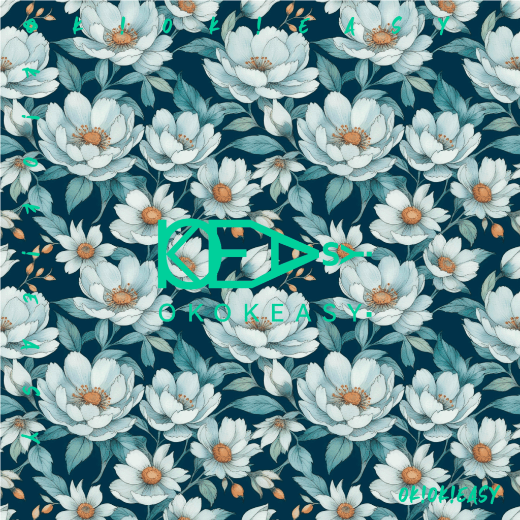 Seamless pattern of cool-toned peonies with green leaves on a deep blue-green background, suitable for home decor
