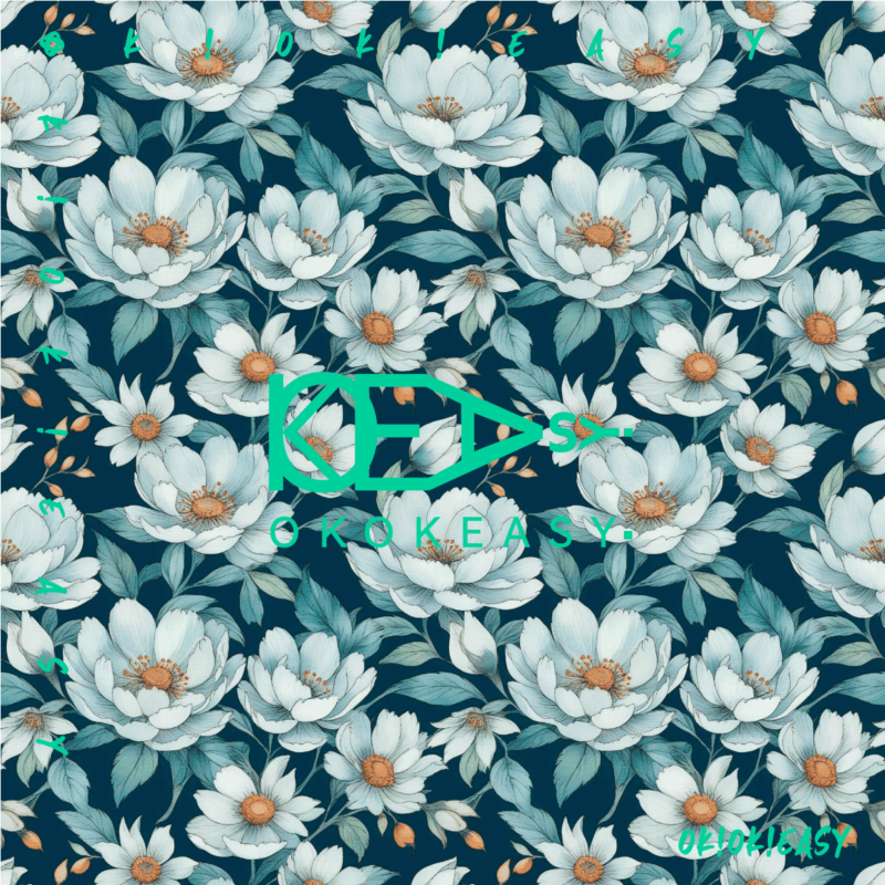 Seamless pattern of cool-toned peonies with green leaves on a deep blue-green background, suitable for home decor