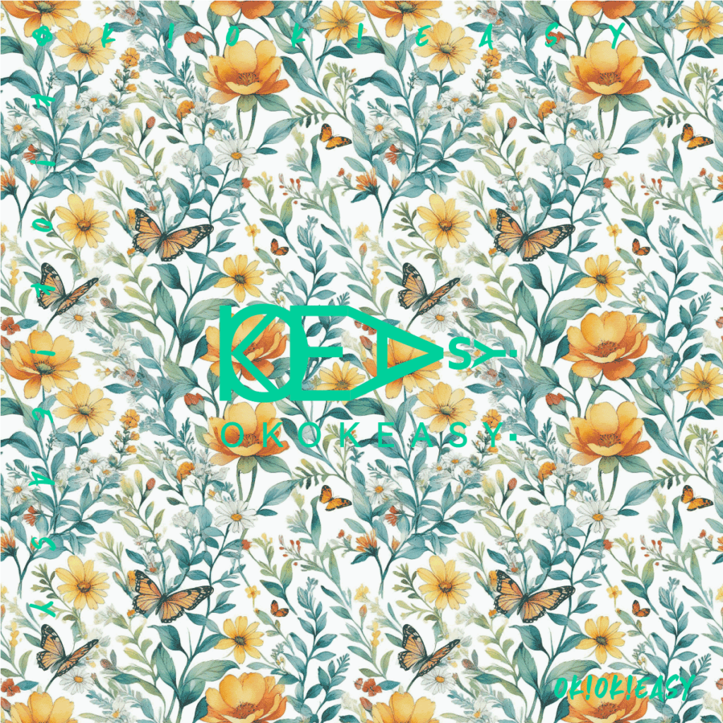 Seamless pattern of orange butterflies and cosmos flowers in eco-friendly pen and watercolor style​