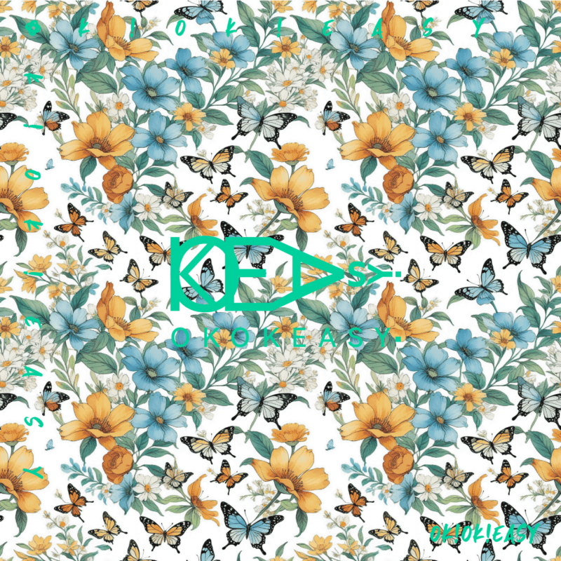 Hand-drawn butterflies and flowers seamless pattern in Scandinavian pen and watercolor style, suitable for textiles and home decor